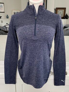 Puma Dry Cell 1/4 Zip Hi Neck LS Athletic Top Heather Blue/Dk Purple Sz XS